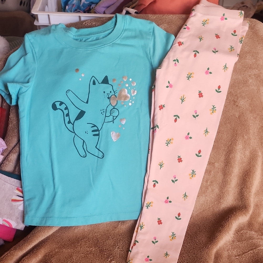 *nd Sz 3T Kids' Teal Cat Tee & Pink Floral Leggings Outfit Set - Must Be Bundled